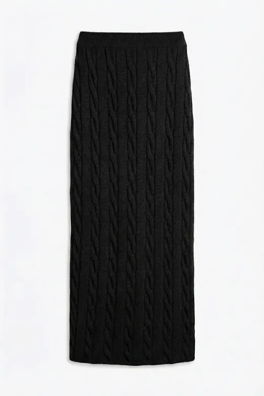 Bayan Siyah Saçörgü Triko Midi Dar Etek - BSL