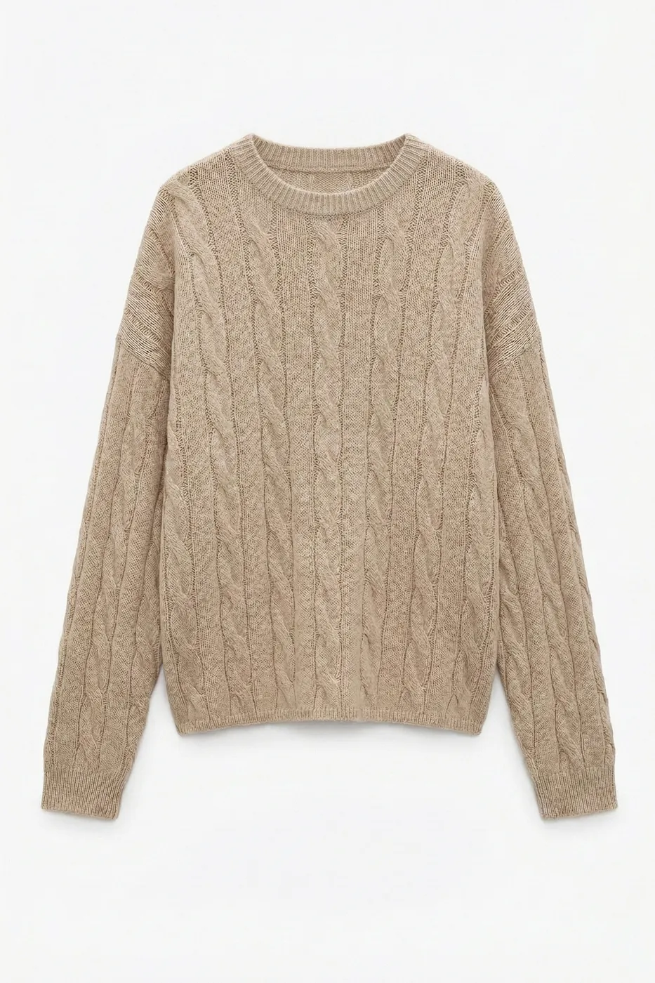 Bayan Bej Saçörgü Triko Oversize Kazak