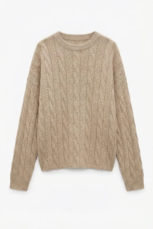 Bayan Bej Saçörgü Triko Oversize Kazak - BSL