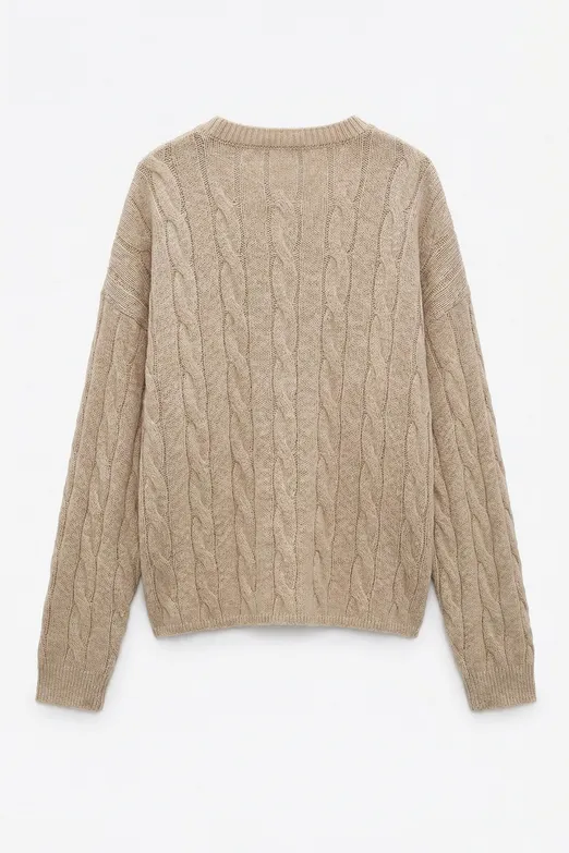 Bayan Bej Saçörgü Triko Oversize Kazak - BSL