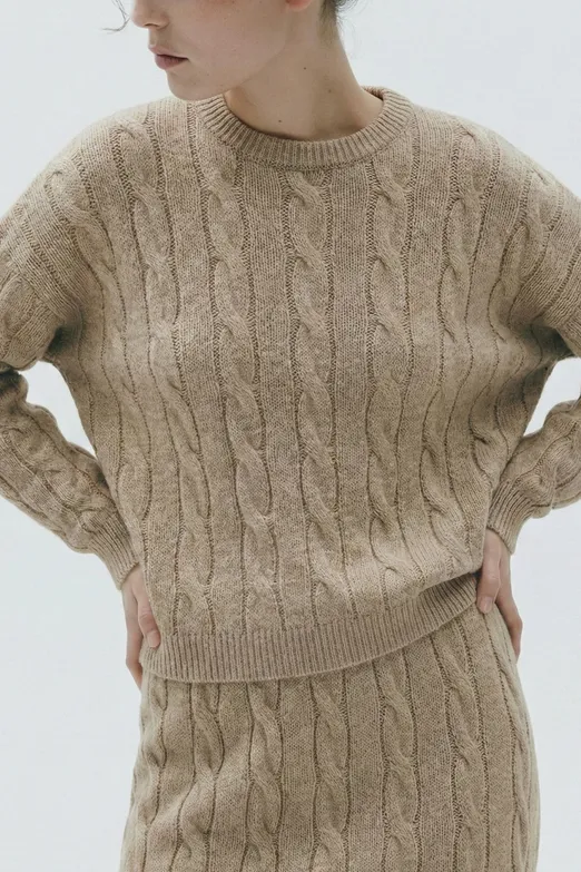 Bayan Bej Saçörgü Triko Oversize Kazak - BSL