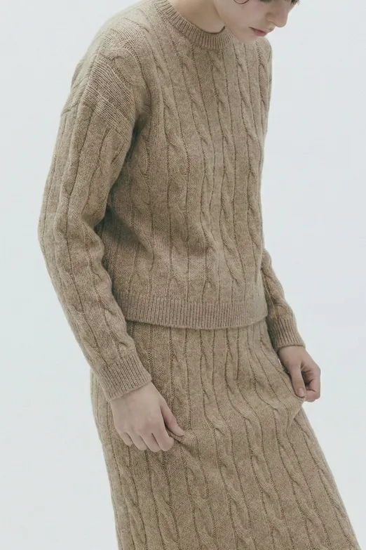 Bayan Bej Saçörgü Triko Oversize Kazak - BSL