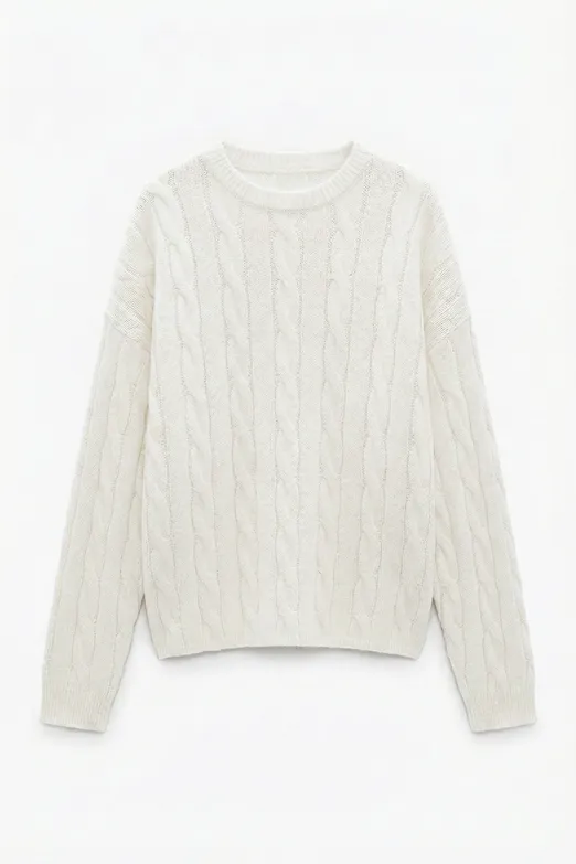 Bayan Ekru Saçörgü Triko Oversize Kazak - BSL