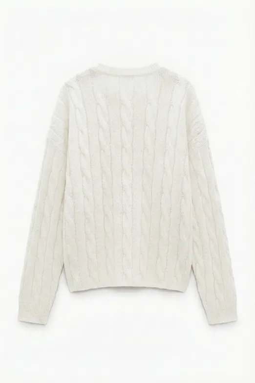 Bayan Ekru Saçörgü Triko Oversize Kazak - BSL