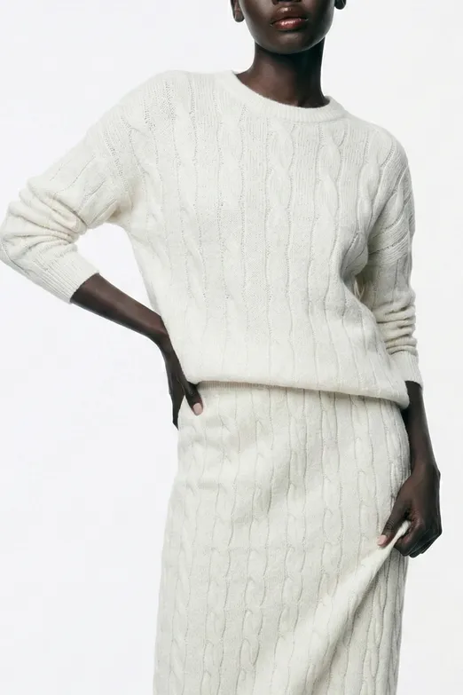 Bayan Ekru Saçörgü Triko Oversize Kazak - BSL