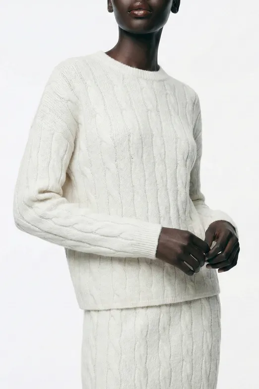 Bayan Ekru Saçörgü Triko Oversize Kazak - BSL