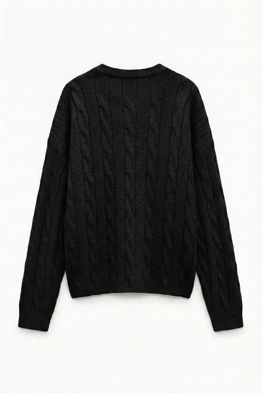 Bayan Siyah Saçörgü Triko Oversize Kazak - BSL