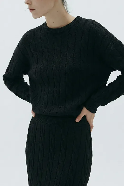 Bayan Siyah Saçörgü Triko Oversize Kazak - BSL