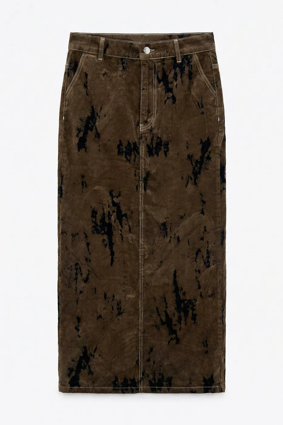 Bayan Kahverengi Flok Baskılı Midi Kalem Etek