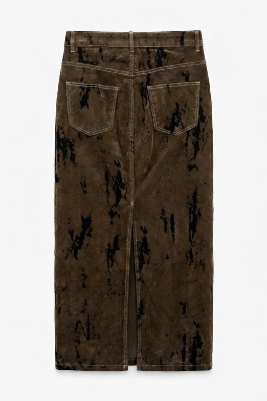 Bayan Kahverengi Flok Baskılı Midi Kalem Etek - BSL