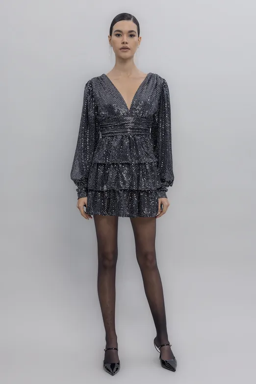 Bayan Siyah Balon Kollu Pulpayet Mini Elbise - BSL