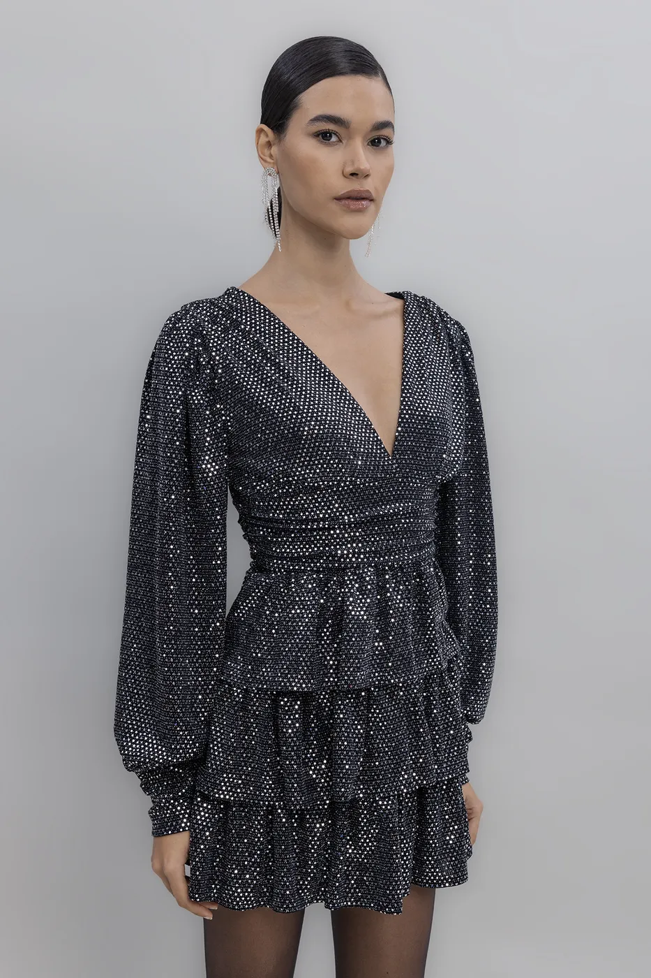 Bayan Siyah Balon Kollu Pulpayet Mini Elbise