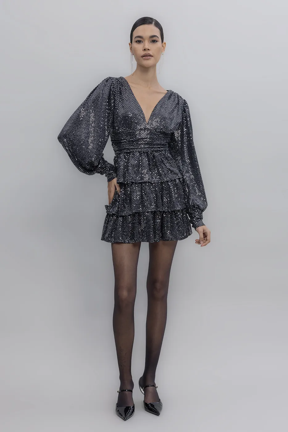 Bayan Siyah Balon Kollu Pulpayet Mini Elbise