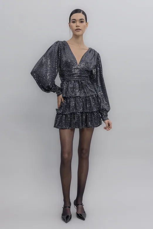 Bayan Siyah Balon Kollu Pulpayet Mini Elbise - BSL