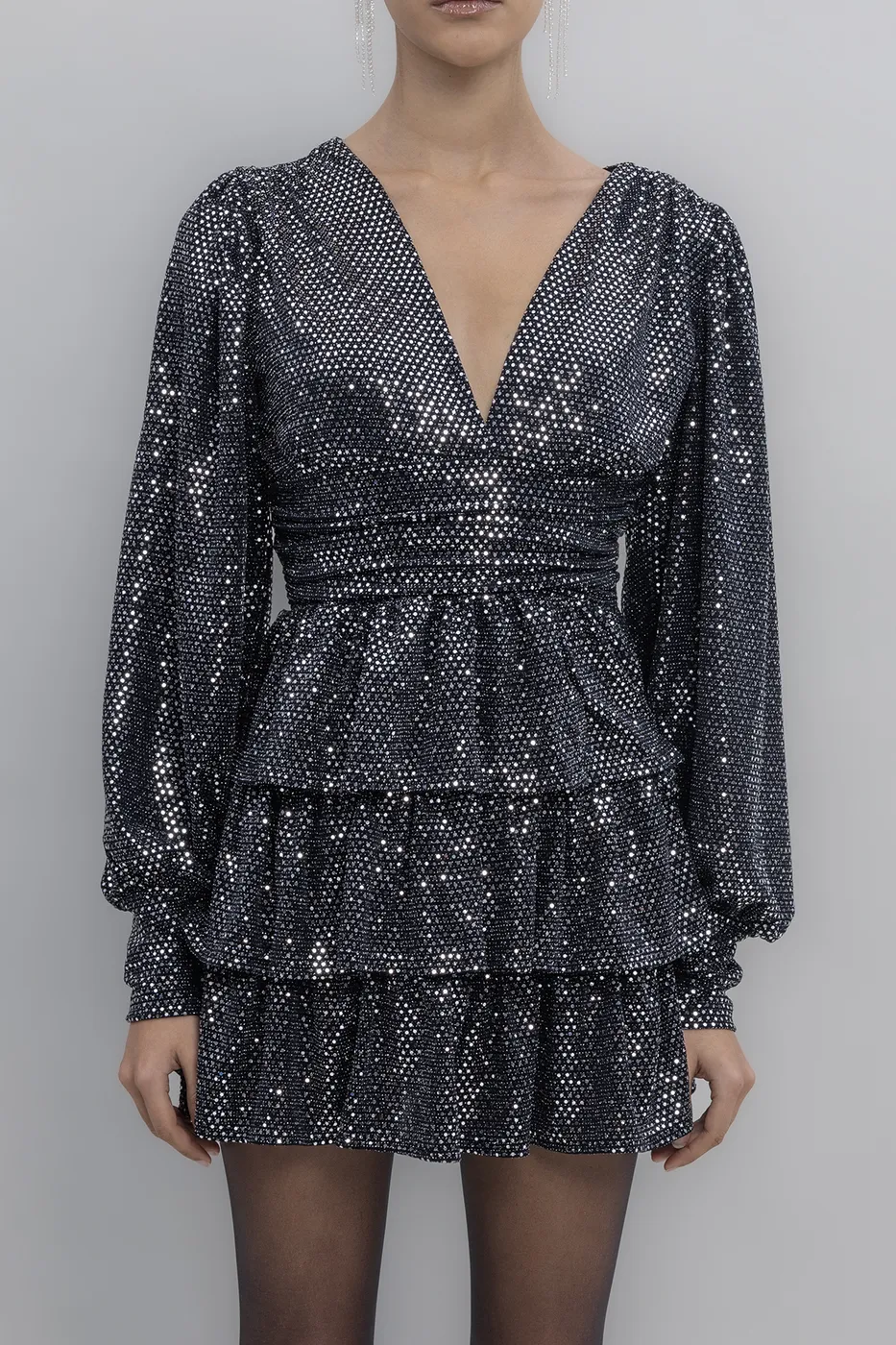 Bayan Siyah Balon Kollu Pulpayet Mini Elbise