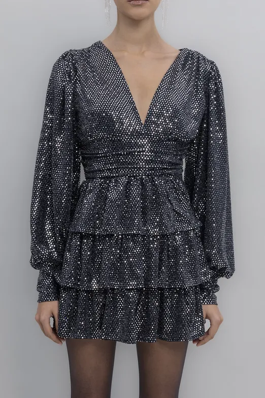 Bayan Siyah Balon Kollu Pulpayet Mini Elbise - BSL