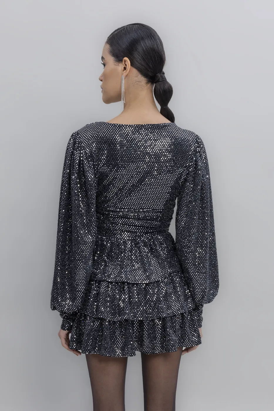 Bayan Siyah Balon Kollu Pulpayet Mini Elbise