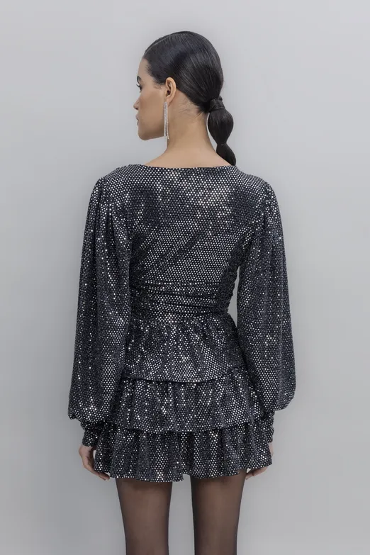 Bayan Siyah Balon Kollu Pulpayet Mini Elbise - BSL