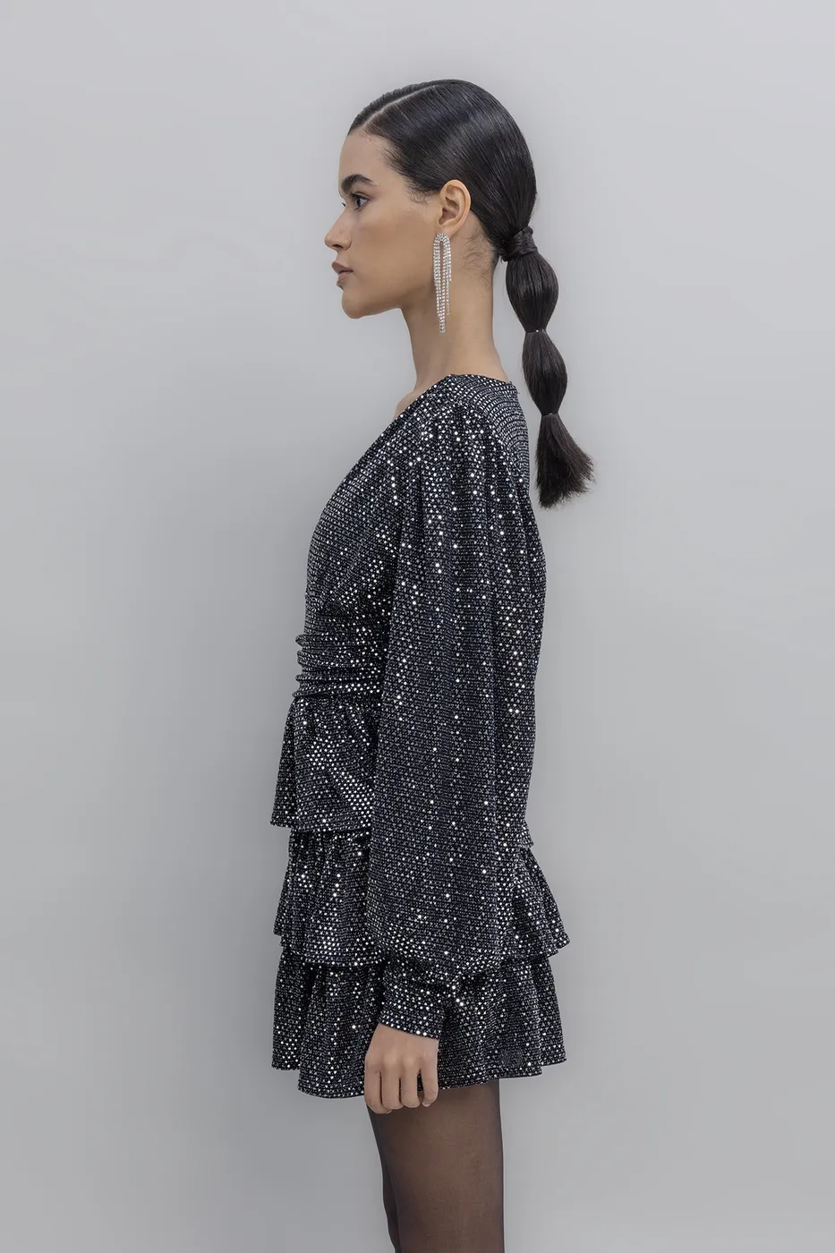 Bayan Siyah Balon Kollu Pulpayet Mini Elbise