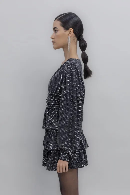 Bayan Siyah Balon Kollu Pulpayet Mini Elbise - BSL