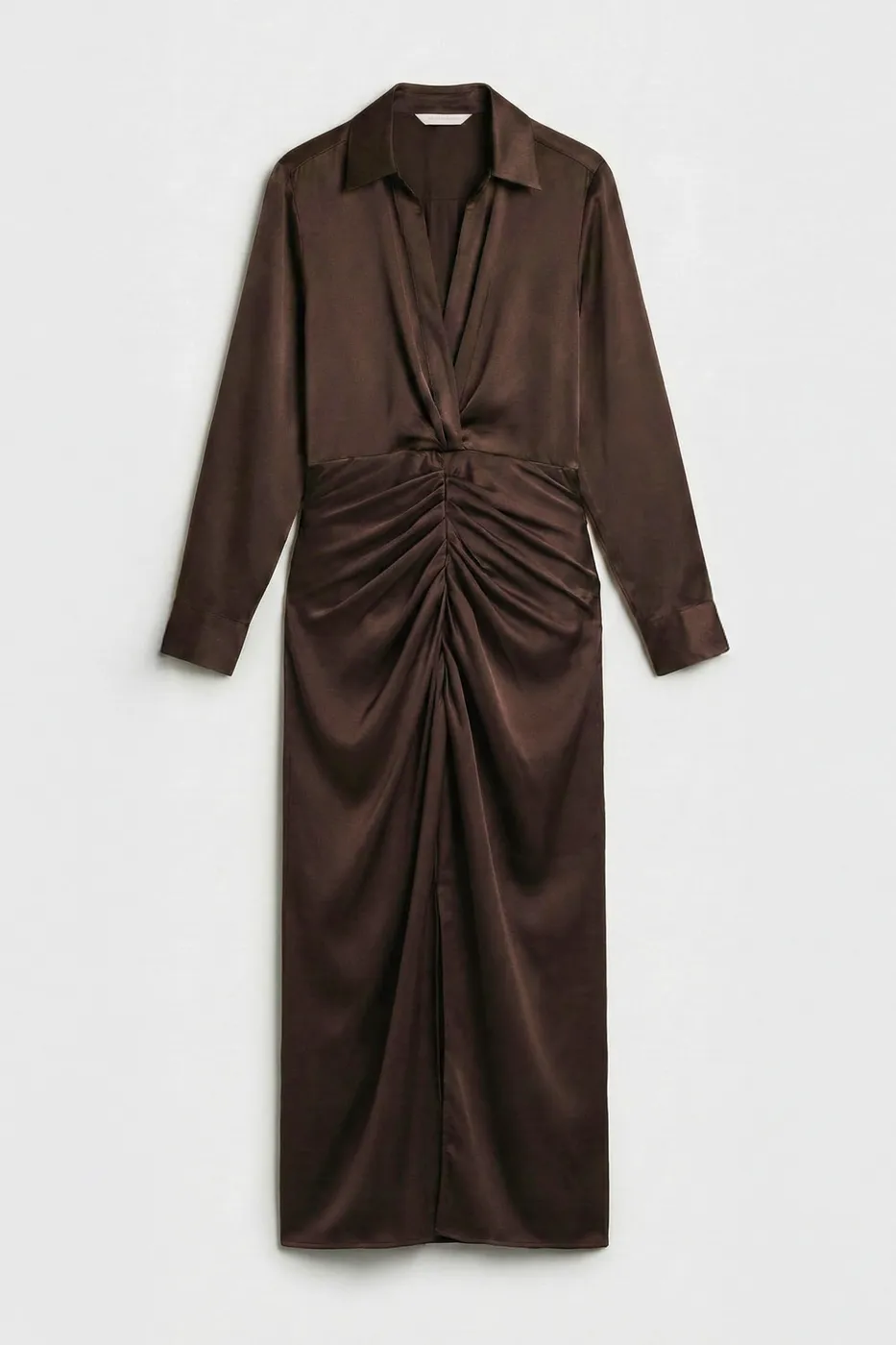 Bayan Kahverengi Gömlek Yakalı Drapeli Saten Elbise