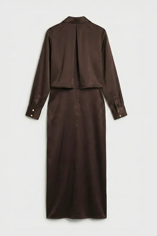 Bayan Kahverengi Gömlek Yakalı Drapeli Saten Elbise - BSL
