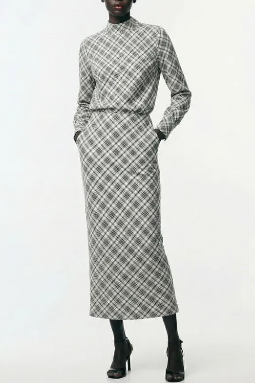 Bayan Ekru Ekoseli Midi Kalem Etek - BSL