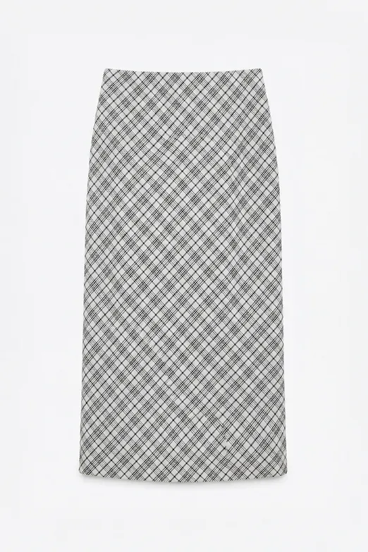 Bayan Ekru Ekoseli Midi Kalem Etek - BSL