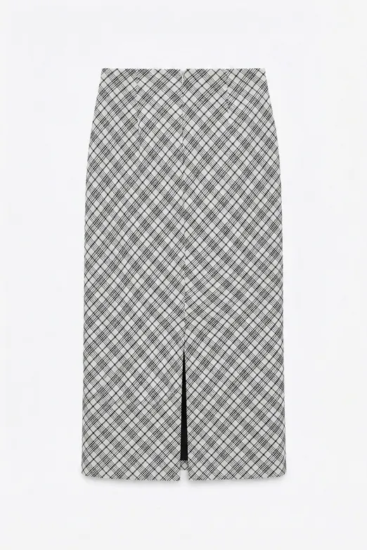 Bayan Ekru Ekoseli Midi Kalem Etek - BSL