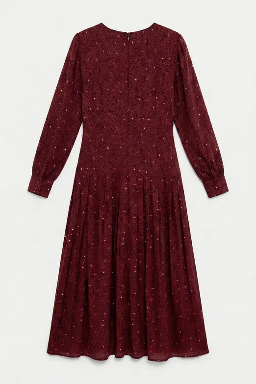 Bayan Bordo Piliseli Midi Elbise - BSL