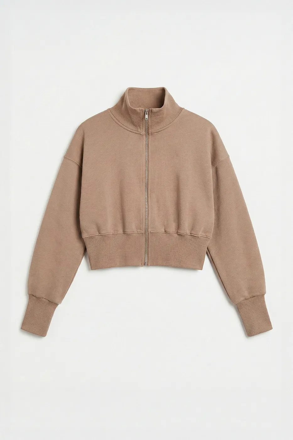 Bayan Bej Dik Yakalı Crop Sweatshirt