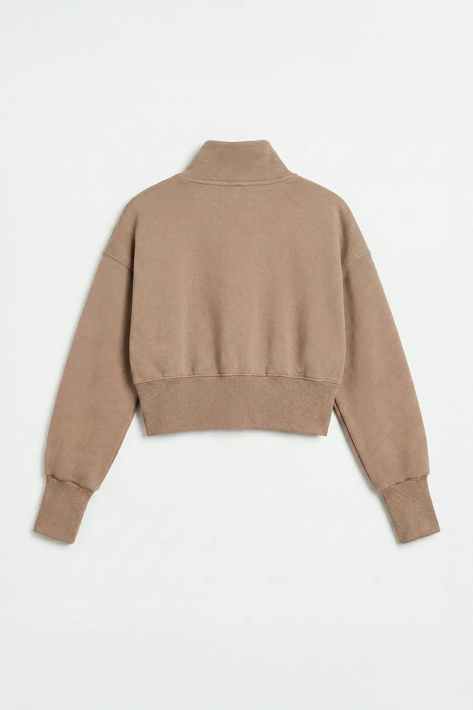 Bayan Bej Dik Yakalı Crop Sweatshirt