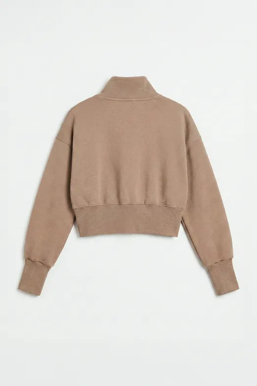 Bayan Bej Dik Yakalı Crop Sweatshirt - BSL