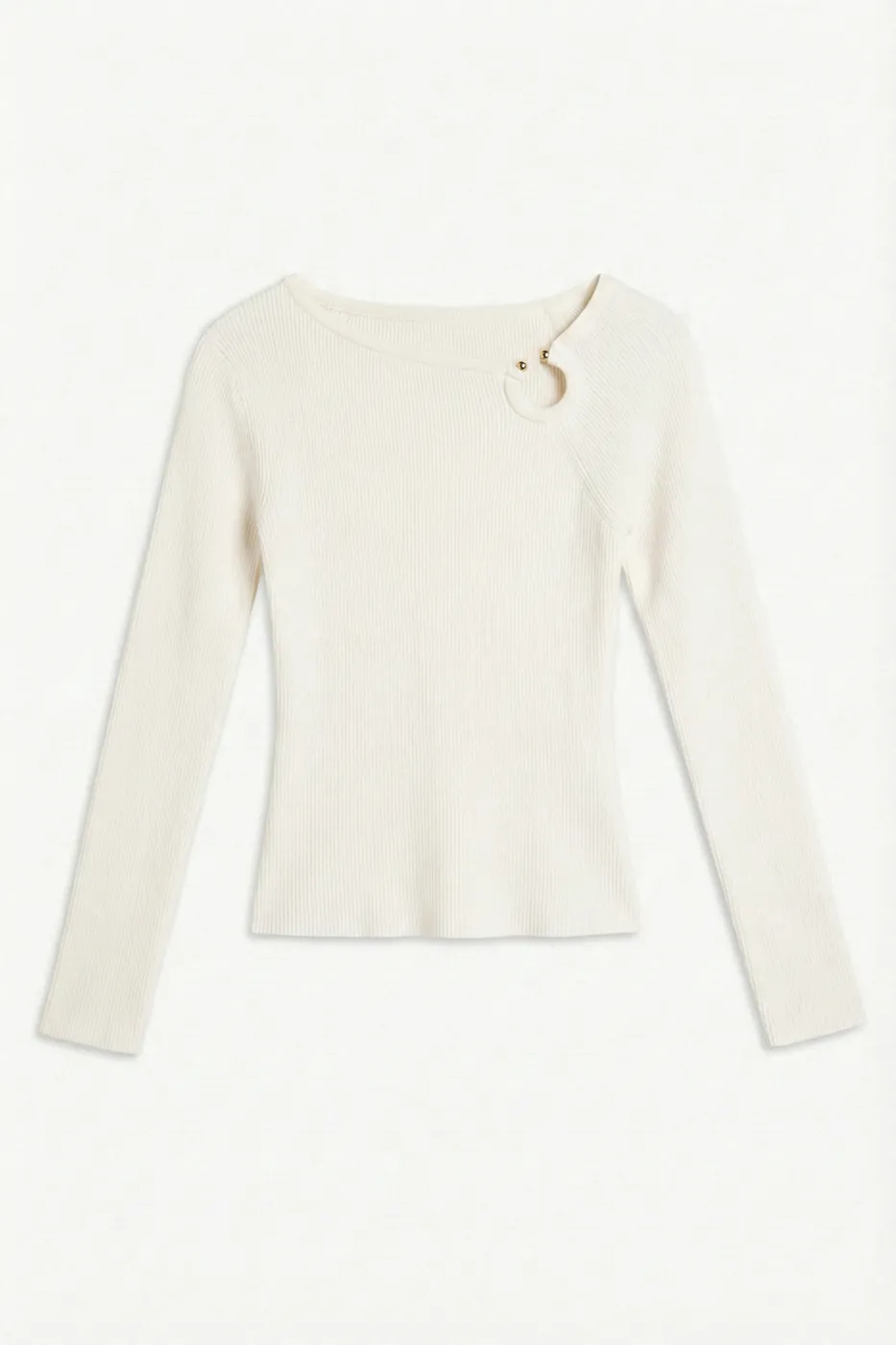 Bayan Ekru Asimetrik Yaka Tokalı Triko Top