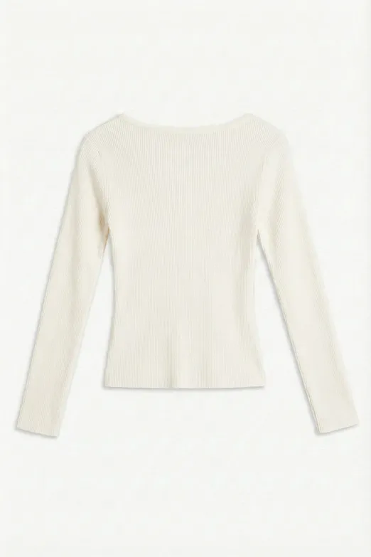 Bayan Ekru Asimetrik Yaka Tokalı Triko Top - BSL