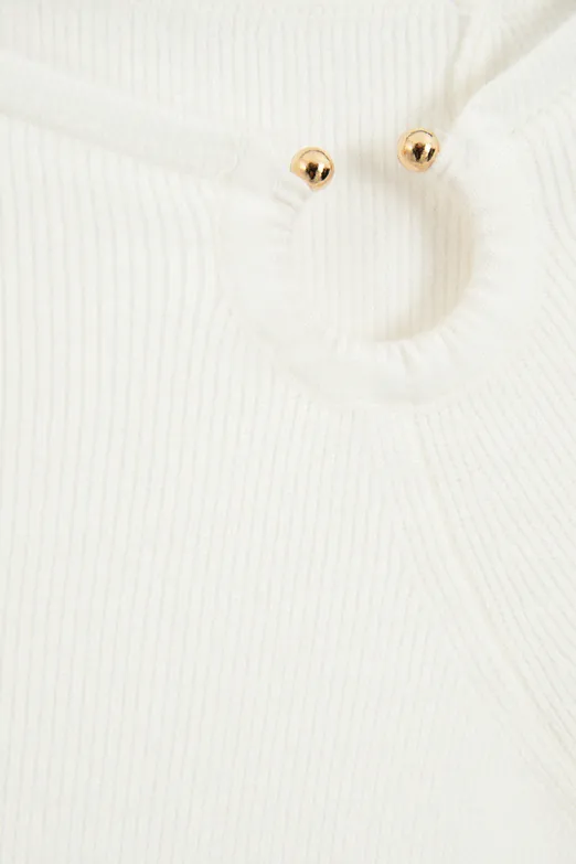 Bayan Ekru Asimetrik Yaka Tokalı Triko Top - BSL