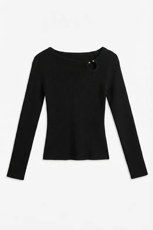 Bayan Siyah Asimetrik Yaka Tokalı Triko Top - BSL