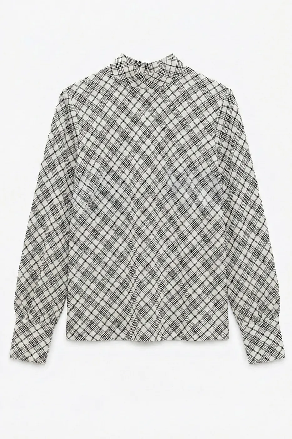 Bayan Ekru Dik Yakalı Ekoseli Bluz