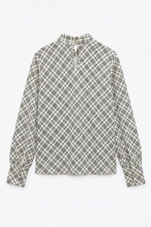 Bayan Ekru Dik Yakalı Ekoseli Bluz - BSL