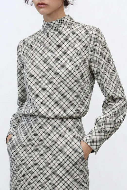 Bayan Ekru Dik Yakalı Ekoseli Bluz - BSL