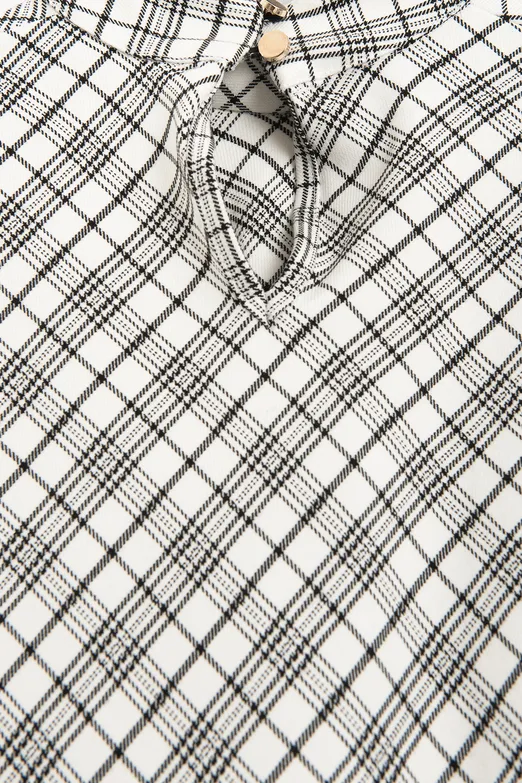 Bayan Ekru Dik Yakalı Ekoseli Bluz - BSL