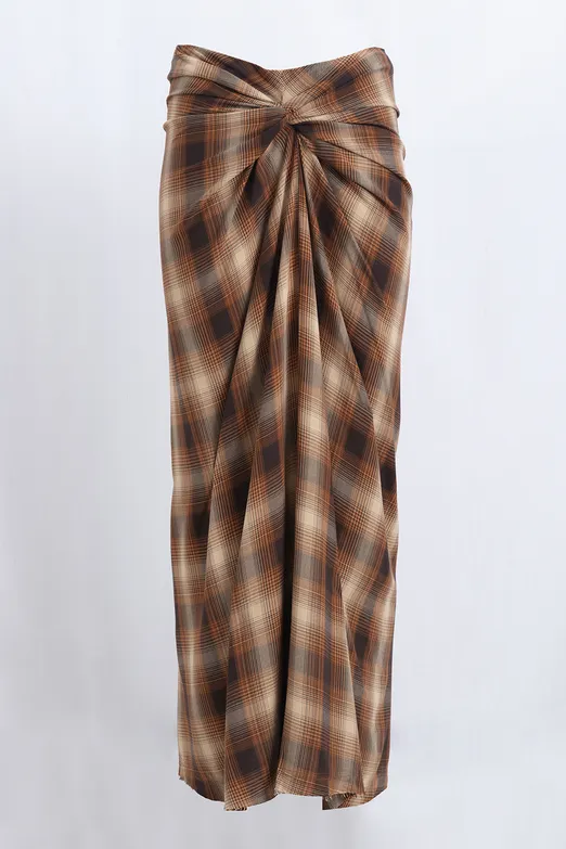 Bayan Kahverengi Burgulu Ekose Midi Etek - BSL