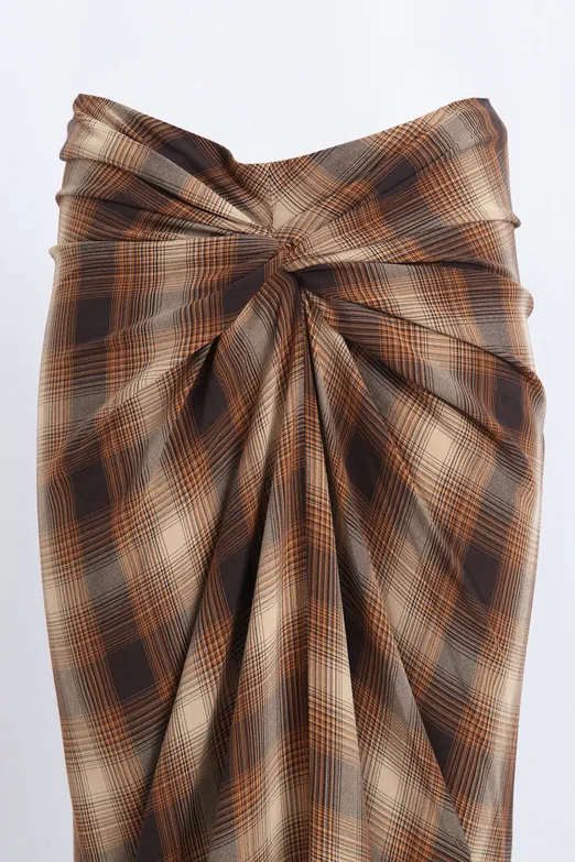 Bayan Kahverengi Burgulu Ekose Midi Etek - BSL