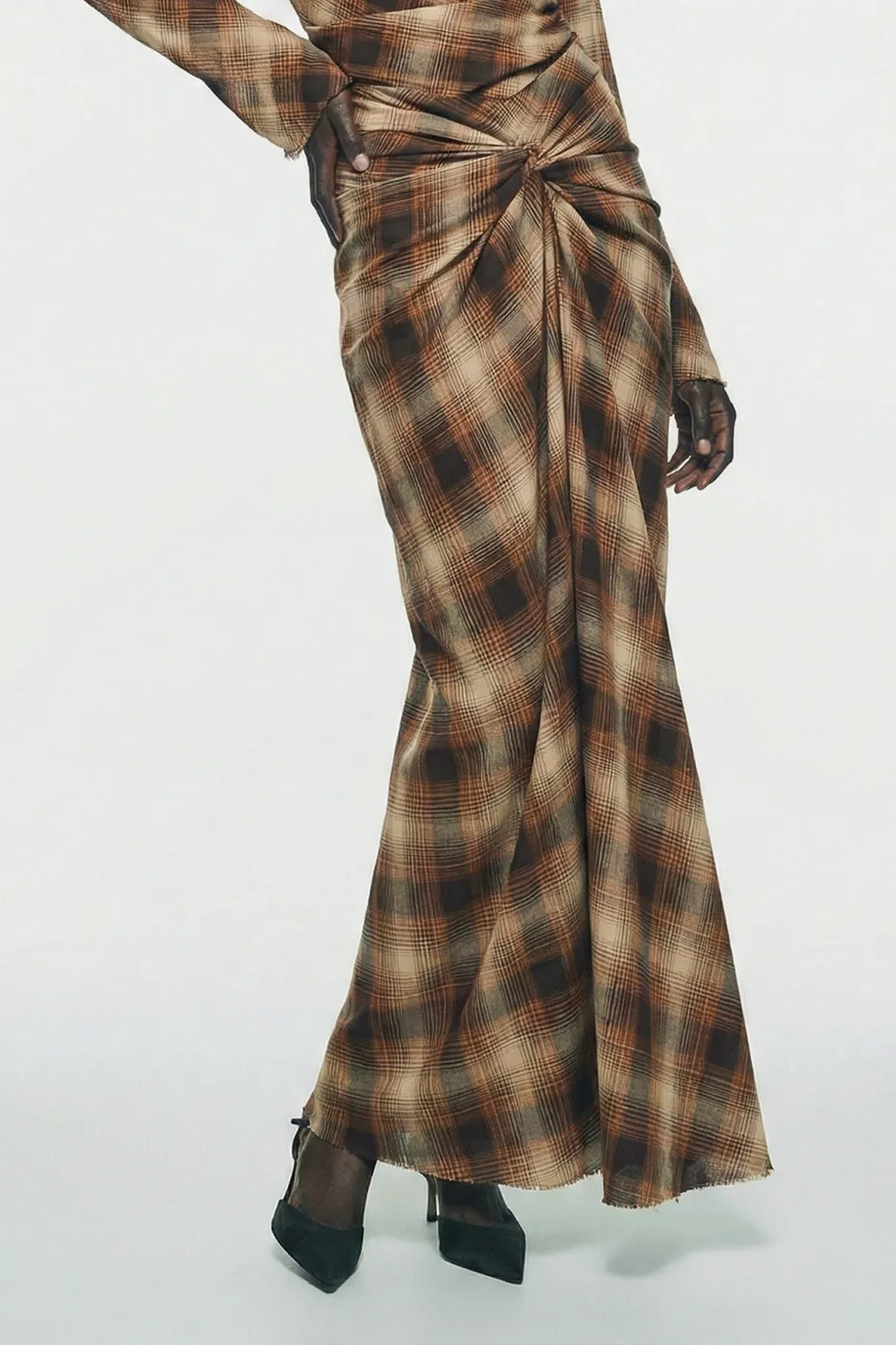 Bayan Kahverengi Burgulu Ekose Midi Etek