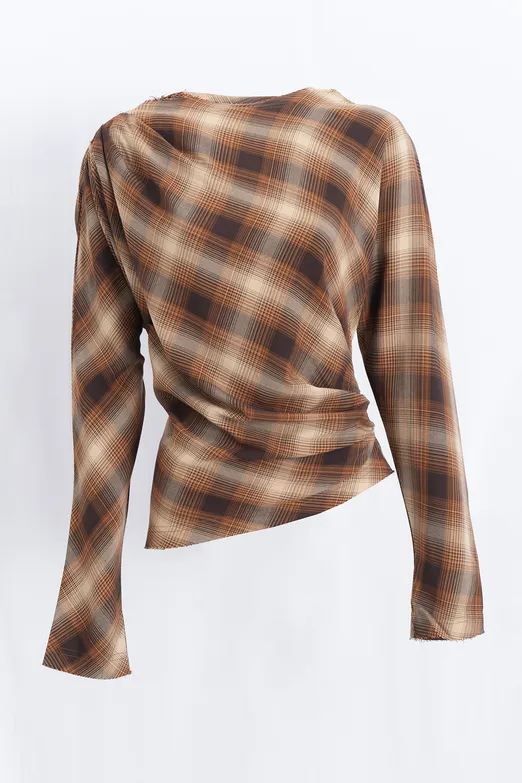 Bayan Kahverengi Drapeli Ekose Bluz - BSL