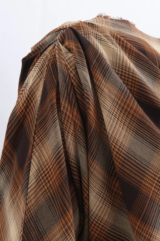 Bayan Kahverengi Drapeli Ekose Bluz - BSL