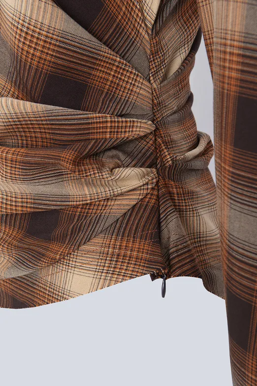 Bayan Kahverengi Drapeli Ekose Bluz - BSL