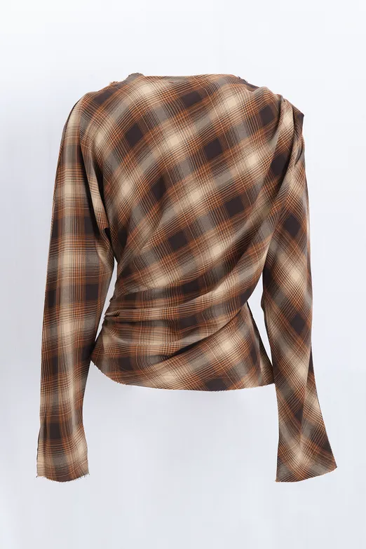 Bayan Kahverengi Drapeli Ekose Bluz - BSL