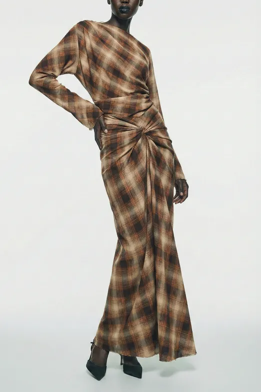 Bayan Kahverengi Drapeli Ekose Bluz - BSL