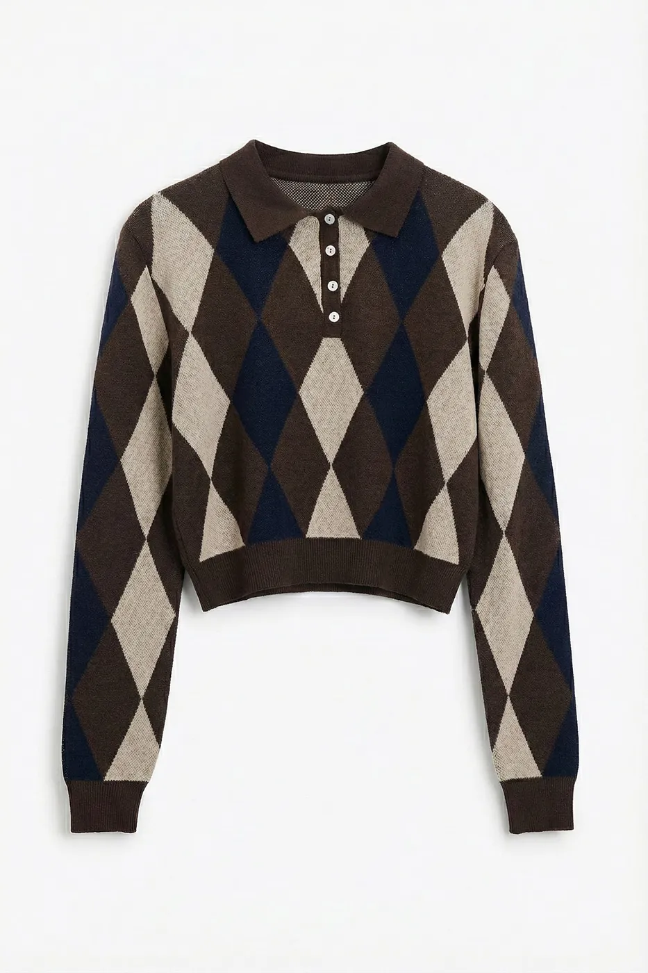 Bayan Kahverengi Baklavalı Polo Yakalı Kazak